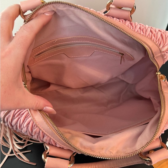 Blush Pink Velvet Satchel Bag w/ Tassel Charm Gold Hardware - Picture 5 of 7